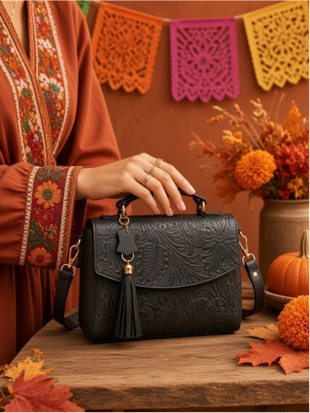Midnight Bloom Black Floral Embossed Tooled LEATHER Crossbody Satchel Bag Purse